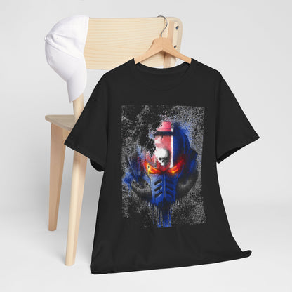 Chic black graphic t-shirt hanging on a wooden chair next to a white cap, displaying a striking helmet graphic in vivid blue and red, ideal for upscale casual wear.