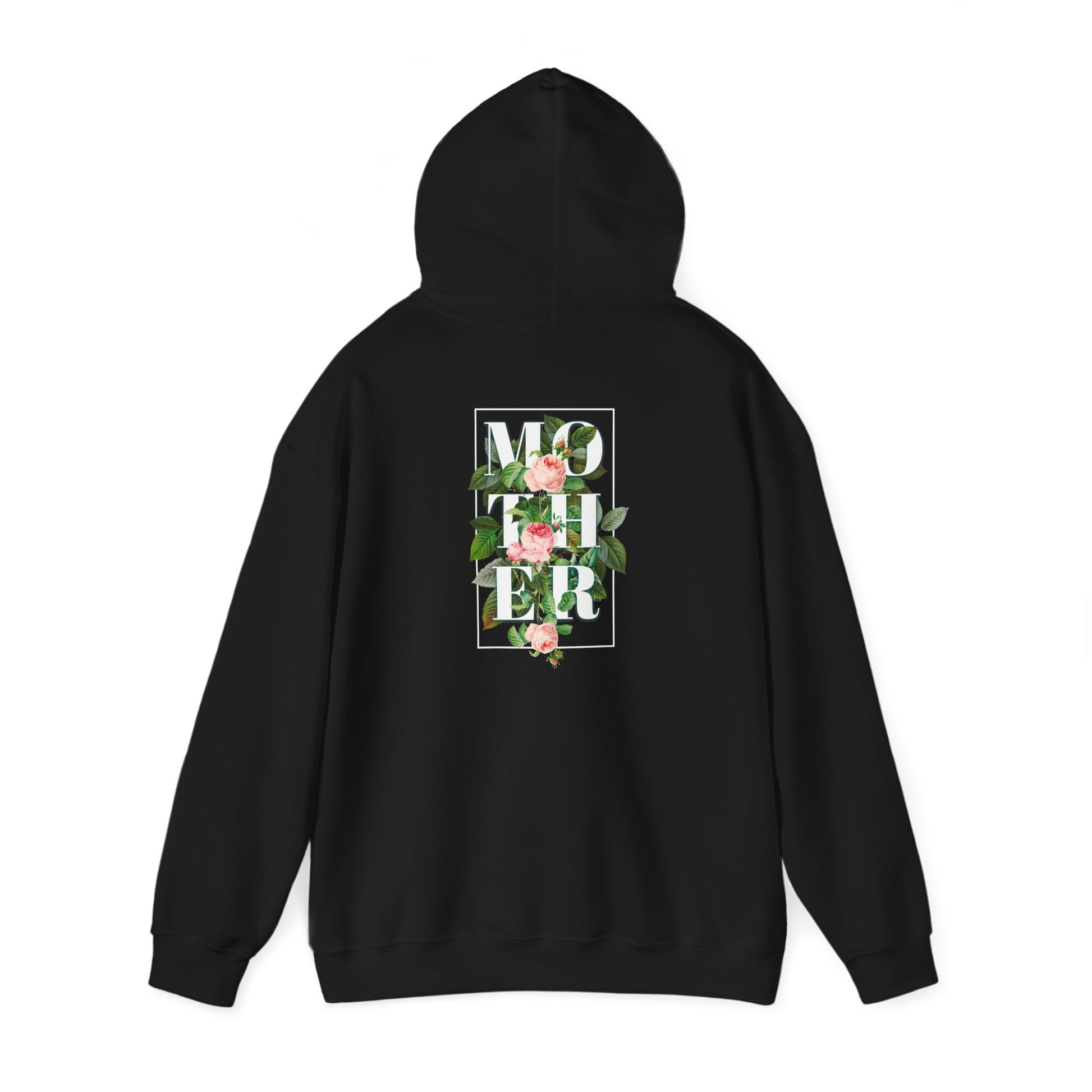 Sophisticated black hoodie featuring a beautifully detailed floral print of 'MOTHER' with roses and leaves, providing a fashionable statement piece.