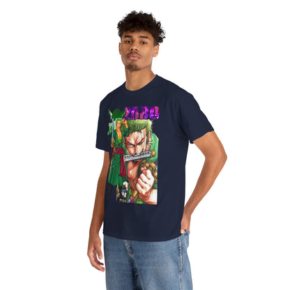 Stylish model wearing a sophisticated navy Roronoa Zoro graphic t-shirt, featuring striking anime art, posing confidently to highlight the shirt's intricate details and vibrant colours, suitable for casual outings.
