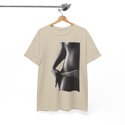 Luxurious beige t-shirt displayed on a wooden hanger showcasing a sophisticated black and white image of a woman's silhouette and lace undergarments.