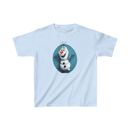 Kids Cute Frozen Olaf T-shirt in light blue, featuring the cheerful snowman Olaf from Disney's Frozen, crafted from premium heavy cotton for comfort and durability.