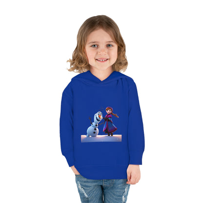Elegant Girls Olaf Frozen Hoodie showcasing an adorable graphic of Olaf and Anna, designed for children aged 2 to 5 years, a must-have fleece sweater for avid Frozen enthusiasts.