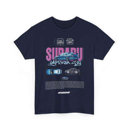 Chic navy t-shirt featuring a striking graphic of the 2001 Subaru WRX STI, designed for discerning car enthusiasts.