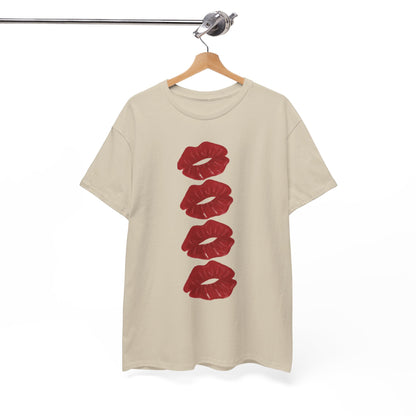 Elegant hanging t-shirt displaying four stylish crimson kiss marks in a vertical arrangement on a warm beige background, ideal for fashionable lovers.