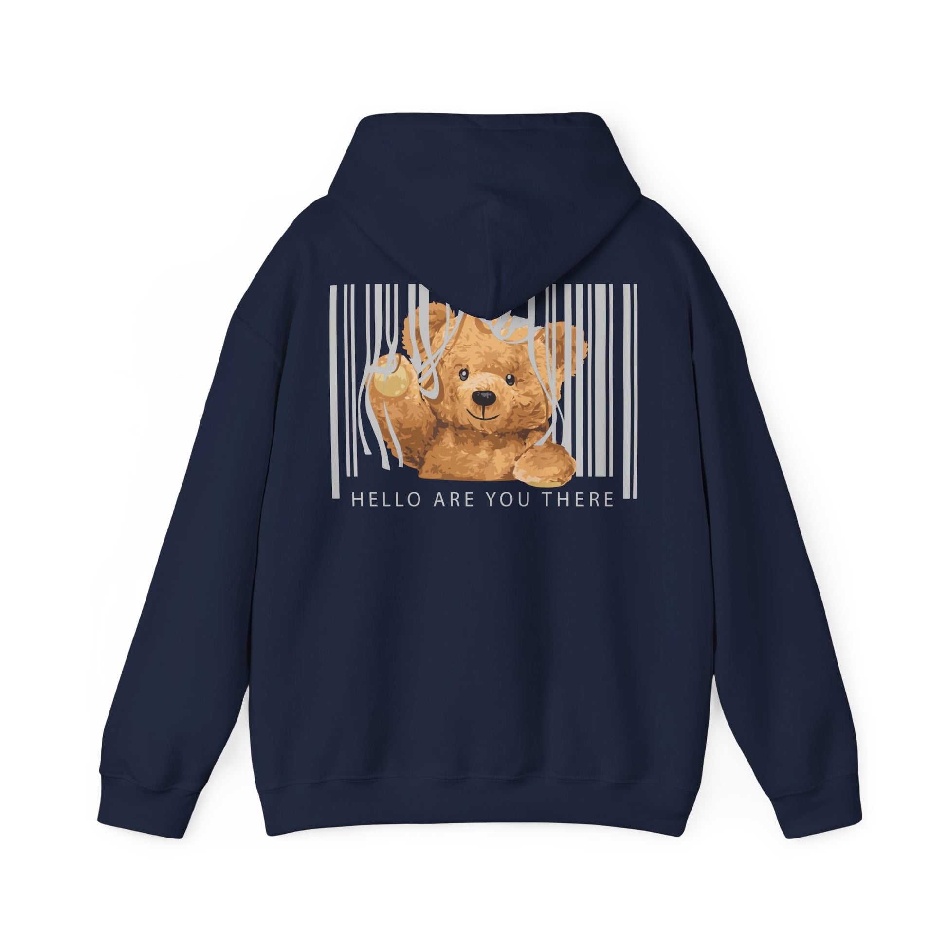 Sophisticated navy hoodie featuring a charming teddy bear set against a sleek barcode backdrop. The bear’s welcoming expression and the statement 'HELLO ARE YOU THERE' add a conversational appeal.