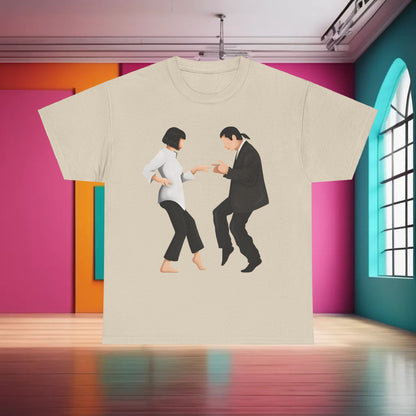 Pulp Fiction Graphic T-Shirt featuring iconic dancing characters, unisex cotton tee, showcased in an elegant urban setting.