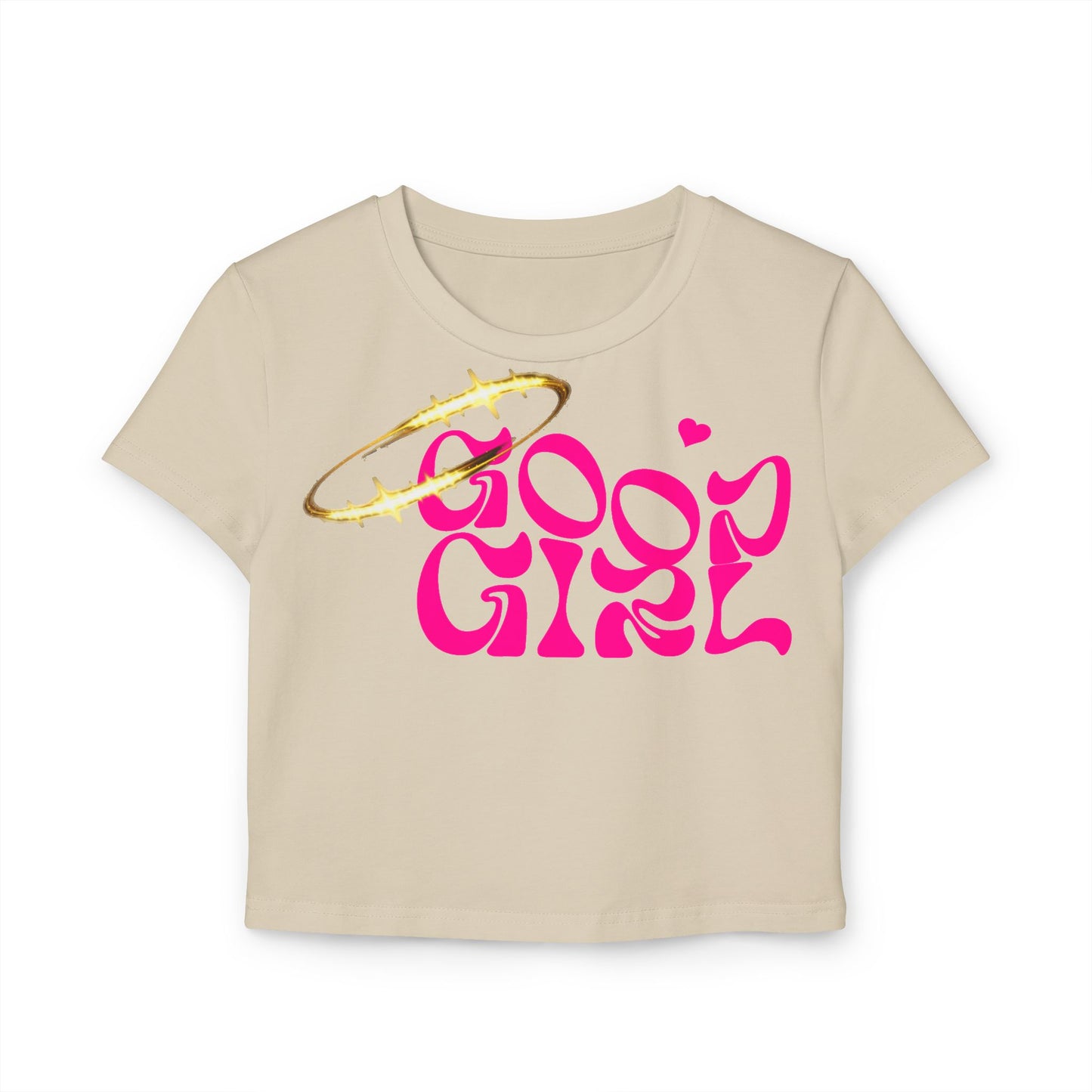 Elegant beige cropped tee featuring 'Good Girl' graphic in bold pink font, adorned with a gold halo design, perfect for a chic casual look.