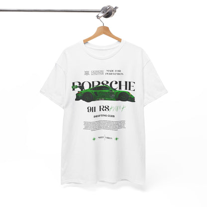 Sophisticated white t-shirt featuring the Porsche 911 RS design on a hanger, emphasising luxury and performance in an exclusive fashion piece.