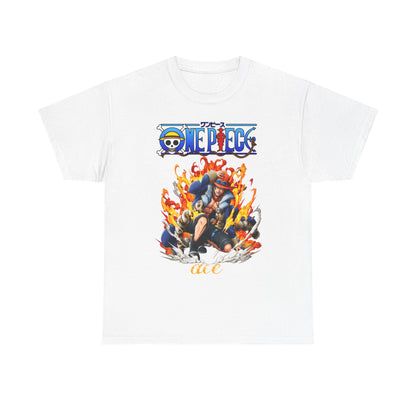 Elegant white T-shirt showcasing a captivating illustration of Ace from One Piece, enveloped in dynamic flames, ideal for fashionable anime lovers.