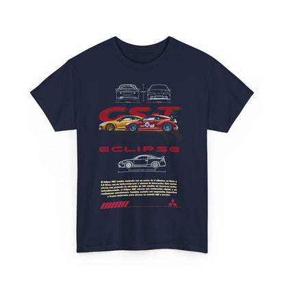 Exquisite navy blue men's t-shirt adorned with distinctive Mitsubishi Eclipse GST graphic, featuring artistic car illustrations and specifications, designed for automotive connoisseurs.