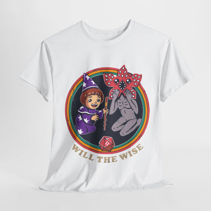 Luxurious graphic tee featuring a whimsical cartoon design inspired by Stranger Things, showcasing a cheerful wizard girl and a playful creature against a vibrant circular backdrop, embodying both adventure and nostalgia.