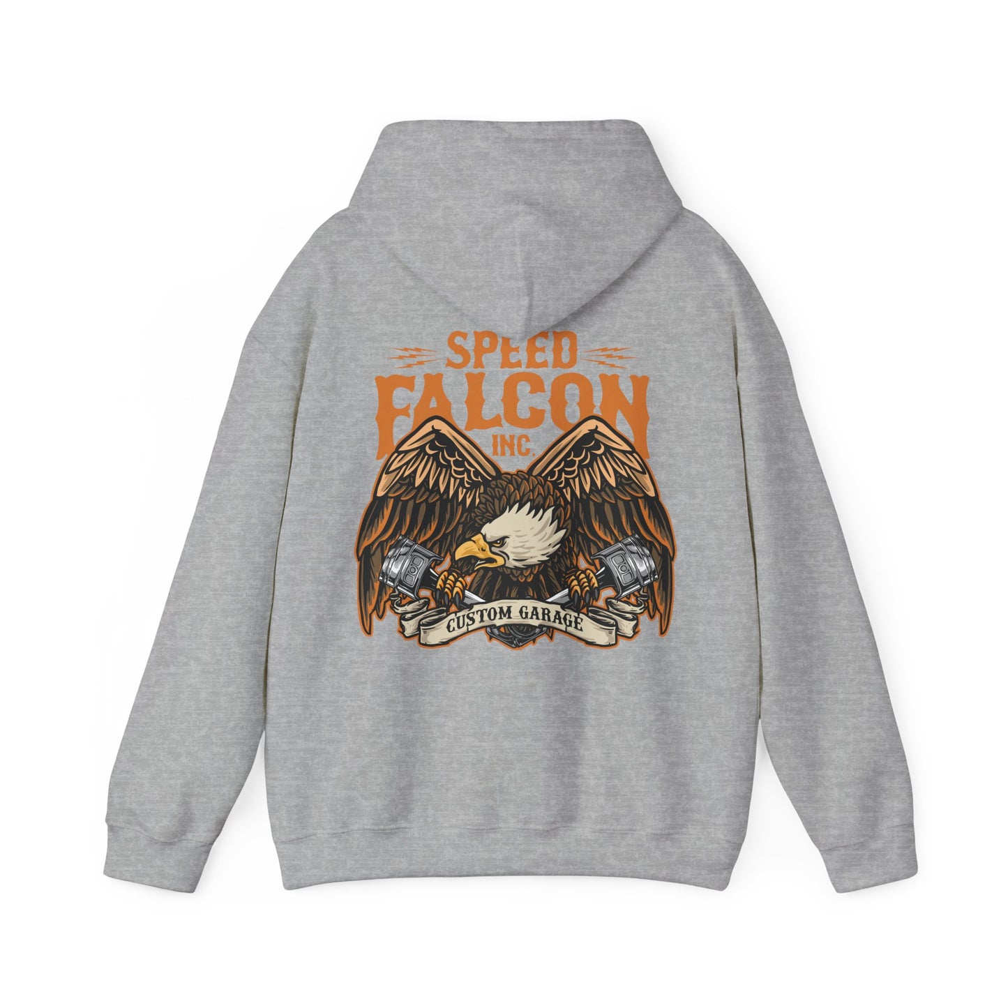 Elegant grey hoodie showcasing a detailed eagle design, exuding power and style with 'Speed Falcon Inc.' branding.