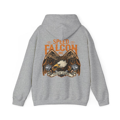 Elegant grey hoodie showcasing a detailed eagle design, exuding power and style with 'Speed Falcon Inc.' branding.