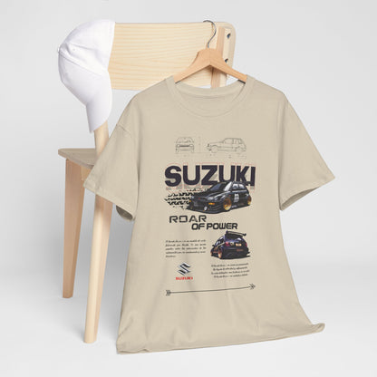 Luxuriously presented Suzuki Forza men's T-shirt draped over a minimalist chair, showcasing automotive graphics and highlighting the shirt's sporty appeal.