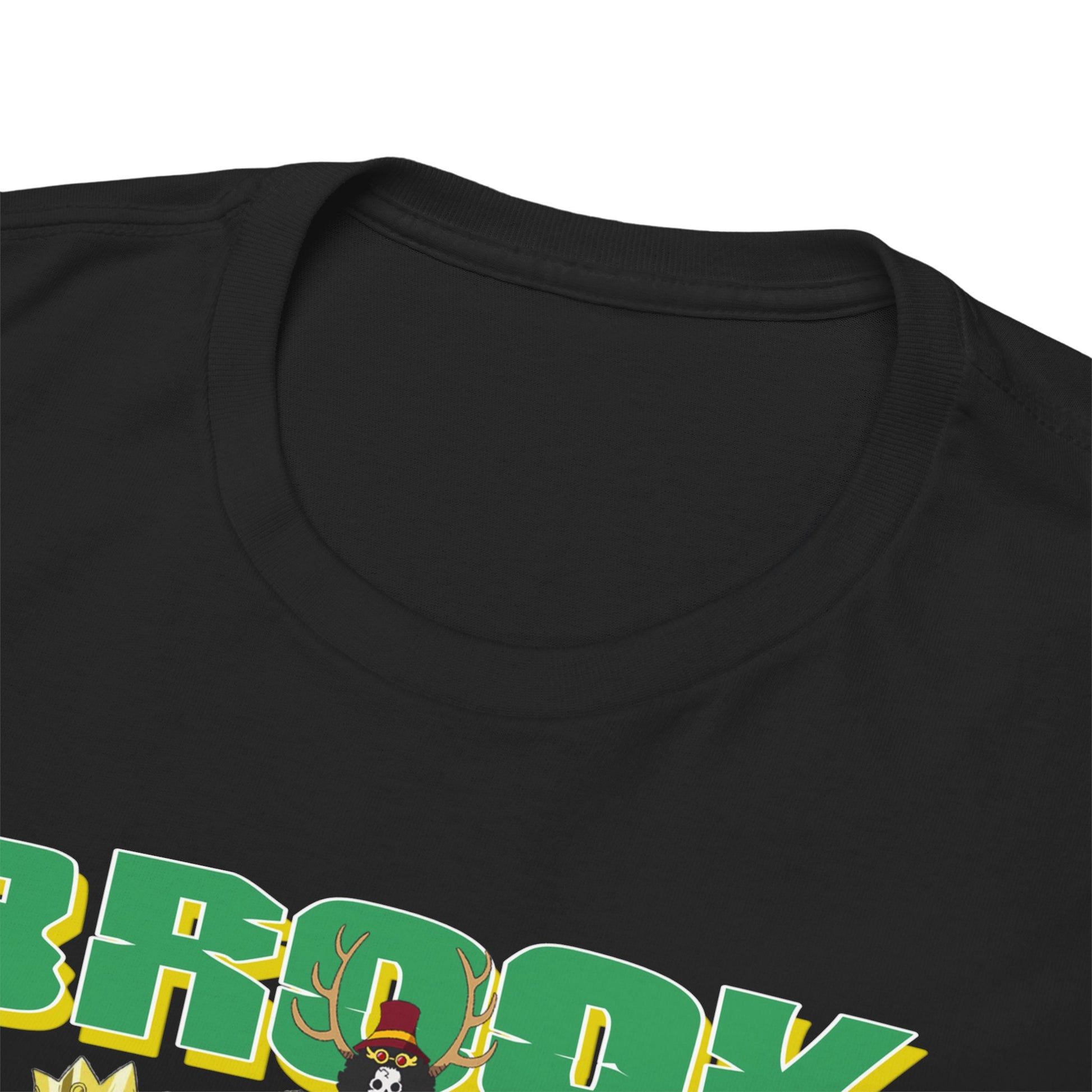 Close-up of a luxurious black t-shirt neckline showcasing the prominent green 'BROOK' graphic, perfect for anime fans seeking unique fashion.