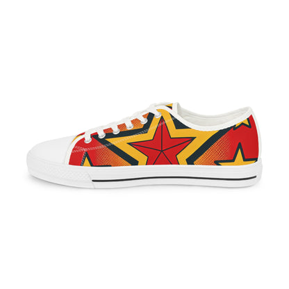 Electra Boltfield low top sneakers in bright red with artistic yellow star accents, illustrating luxurious fashion for trendsetters by Dazzling Dreams Studio.