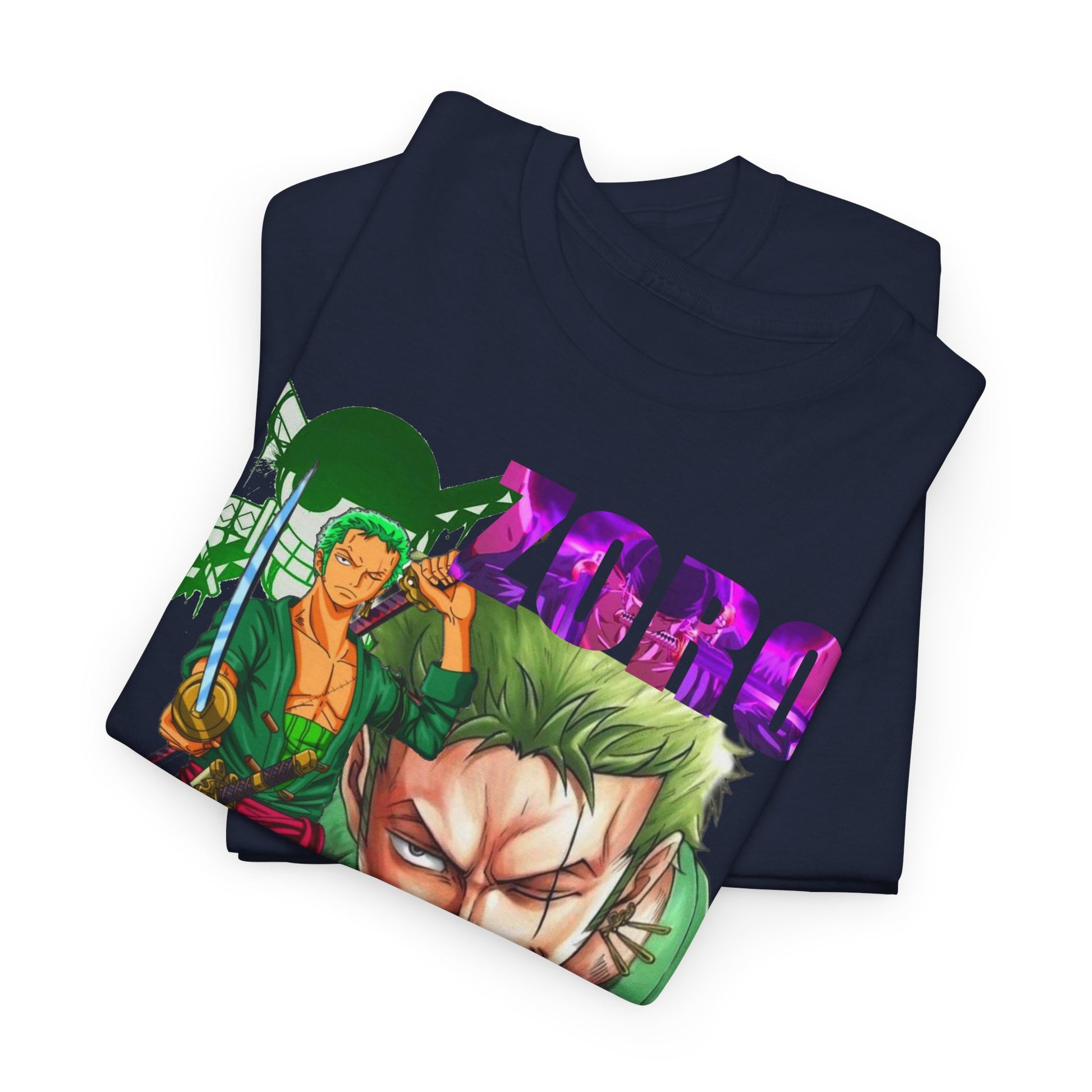 Sophisticated Roronoa Zoro graphic t-shirt on display, highlighting a bold design and exquisite detailing, a must-have for fashion-forward anime lovers.