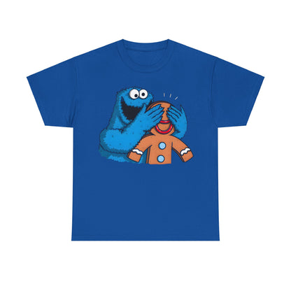 Cookie Monster guess who Graphic Unisex Tee Shirt in vibrant blue, featuring an enchanting design of Cookie Monster playfully obscuring a gingerbread man's eyes, perfect for adding a whimsical touch to your wardrobe.