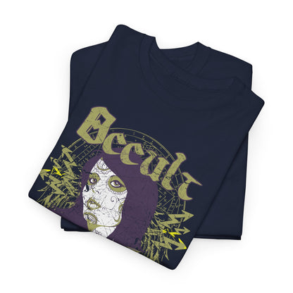 Artistic navy graphic t-shirt stacked neatly, showcasing a whimsical design with the word 'Occult' prominently featured.