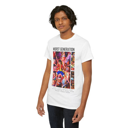 Model wearing an elegant white T-shirt adorned with an intricate 'Worst Generation' design, highlighting modern fashion aesthetics.