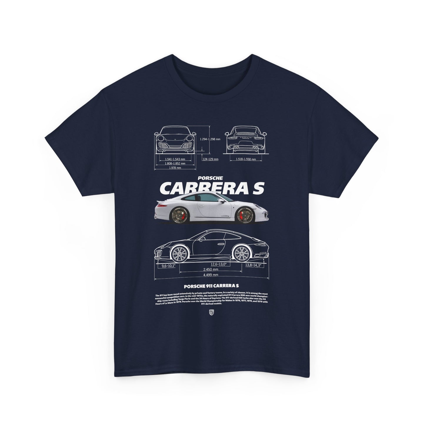 Men's navy T-shirt featuring an intricate design of the Porsche 911 Carrera S, blending automotive passion with high-end fashion.