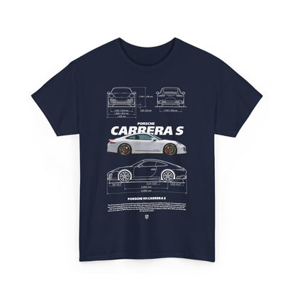 Men's navy T-shirt featuring an intricate design of the Porsche 911 Carrera S, blending automotive passion with high-end fashion.