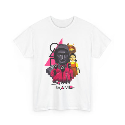 Stylishly designed Squid Game cotton t-shirt featuring vibrant artwork, perfect for making a bold statement in urban fashion.