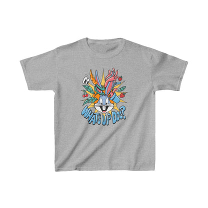 Unisex Kids Bugs Bunny Cotton T-Shirt Tee in grey, presenting a playful graphic of Bugs Bunny with a bright colour palette and the text 'What's Up Doc?' A luxurious staple for kids who appreciate cartoon-inspired fashion.