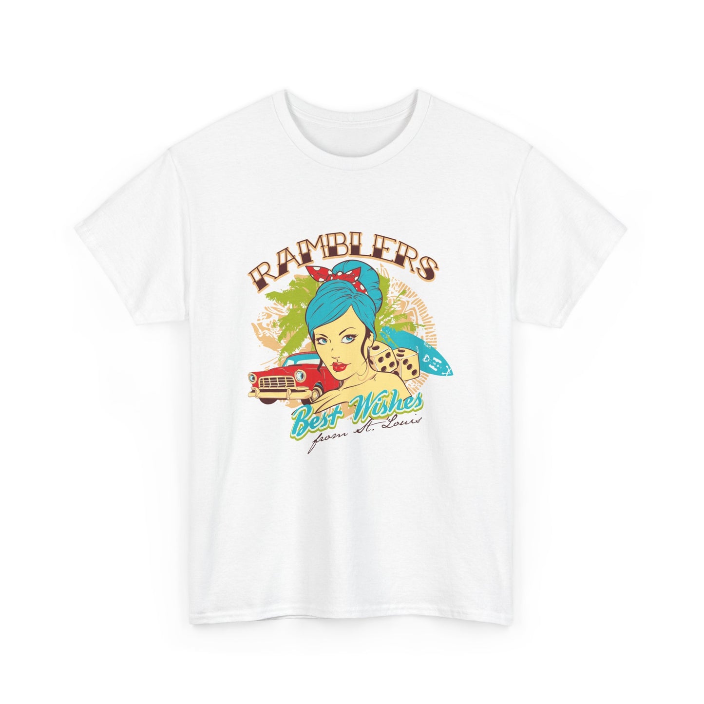 Chic white graphic T-shirt displaying a retro pin-up design with the vibrant phrase 'Best Wishes from St. Louis', embodying vintage charm and modern style.