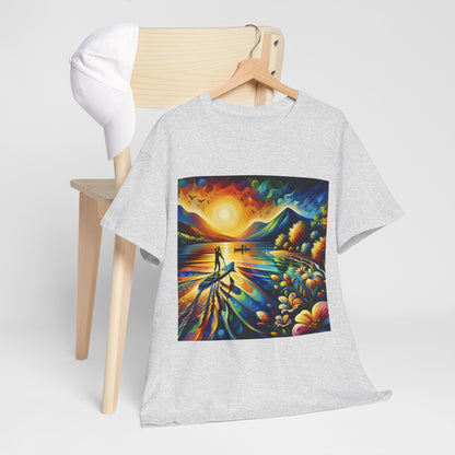 Fashionable paddle boarding T-shirt displayed in a scenic outdoor setting, designed by Dazzling Dreams Studio for nature lovers.