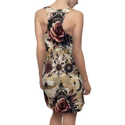 Stylish Women's Chic Designer Racerback Dress for Summer Events and Beach Vacations, capturing the back view and intricate floral detailing.