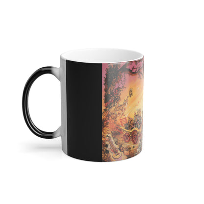 The interior view of the Discworld Soul Music Heat Change Coffee Mug featuring vibrant artwork of whimsical characters and a picturesque landscape, symbolising creativity and literary charm.