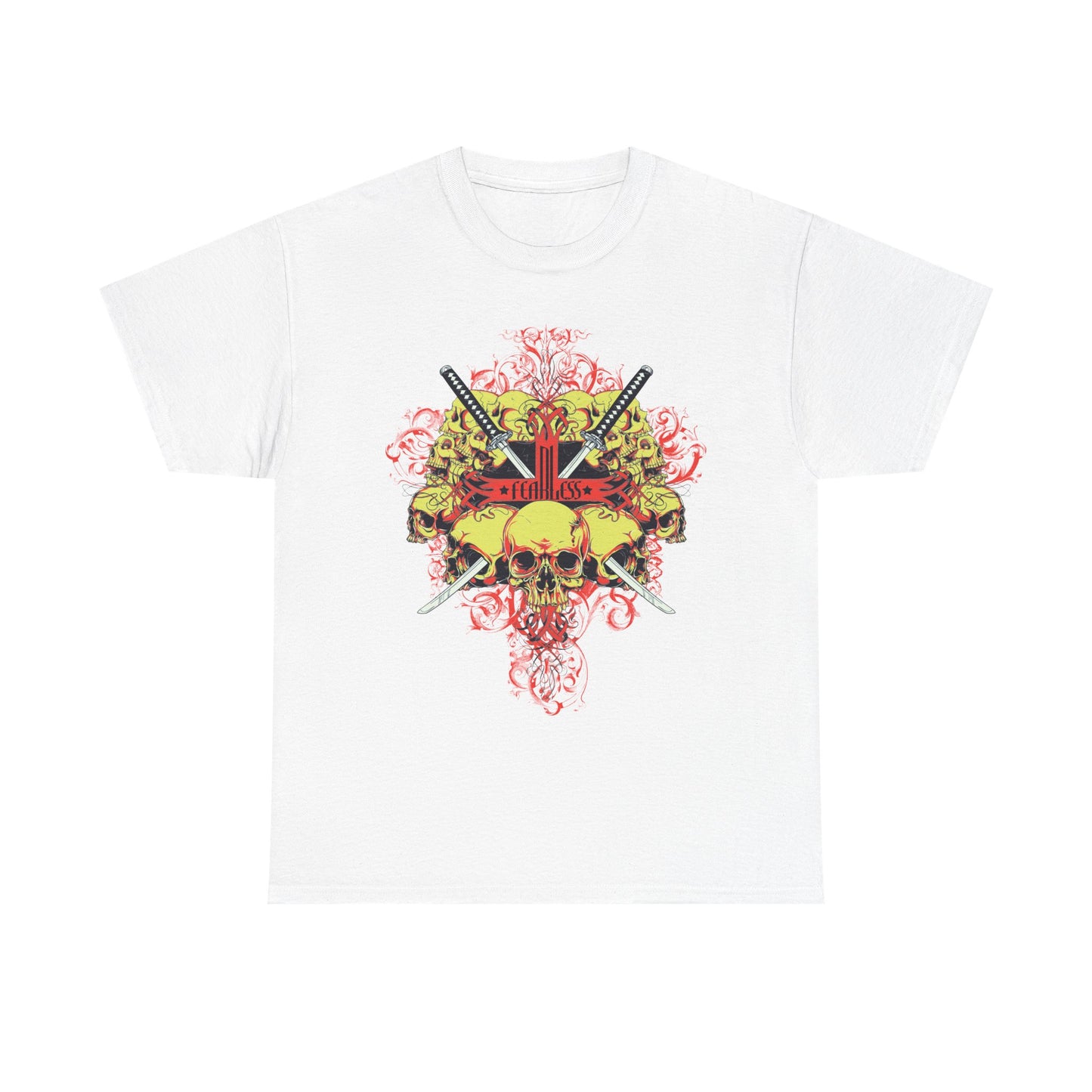 Fearless Samurai Swords Graphic Tee for Men featuring a striking skull design and intricately detailed swords, perfect for making a bold statement in biker style.