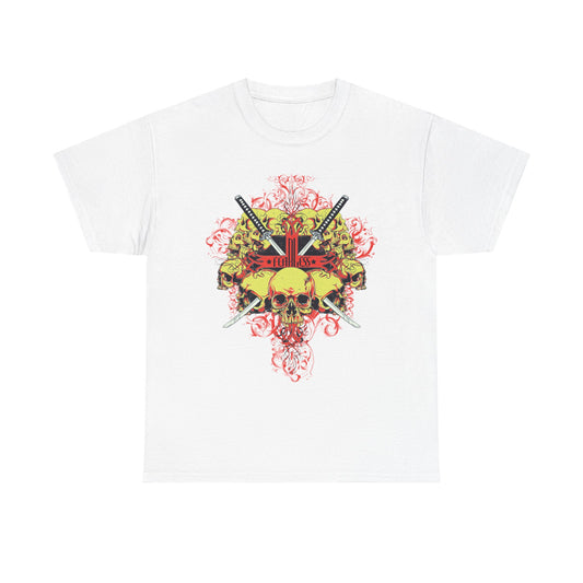 Fearless Samurai Swords Graphic Tee for Men featuring a striking skull design and intricately detailed swords, perfect for making a bold statement in biker style.