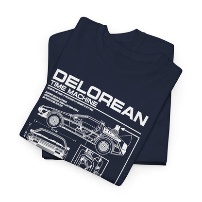 Stylish folded navy t-shirts displaying the intricate DeLorean time machine blueprint, blending nostalgia with modern aesthetics.