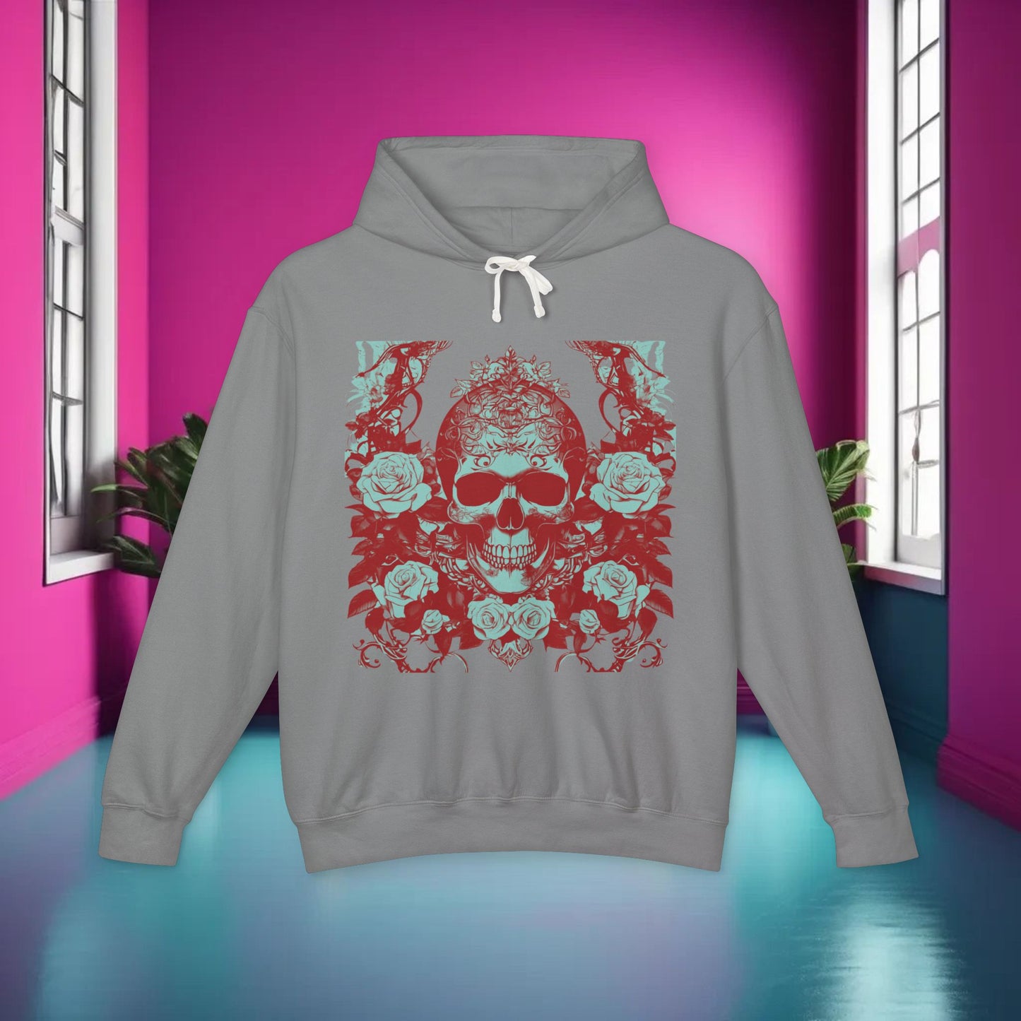 Skull and Roses Lightweight Hoodie, Unisex Edgy Designer Sweatshirt, Hipster