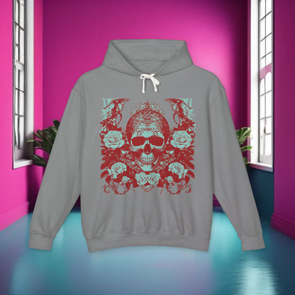 Skull and Roses Lightweight Hoodie displayed in a stylish grey background, depicting an edgy designer sweatshirt perfect for unisex fashion enthusiasts.
