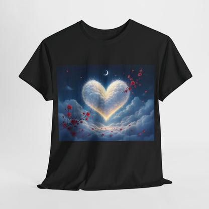 Ethereal Heart: The Dreamy Cloud Graphic T-Shirt showcasing a heart-shaped cloud illuminated by a soft glow, surrounded by pastel clouds and cherry blossom petals, ideal for urban style.