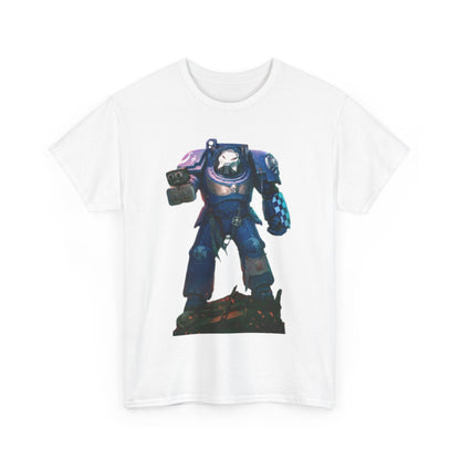Premium white t-shirt illustrating a captivating blue armoured warrior from WarHammer, perfect for elevating your casual outfit with a touch of imagination.
