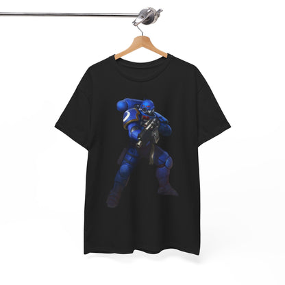 Chic black t-shirt presenting an eye-catching graphic of a blue-armoured hero, a must-have for individuals seeking a blend of comfort and artistic expression.