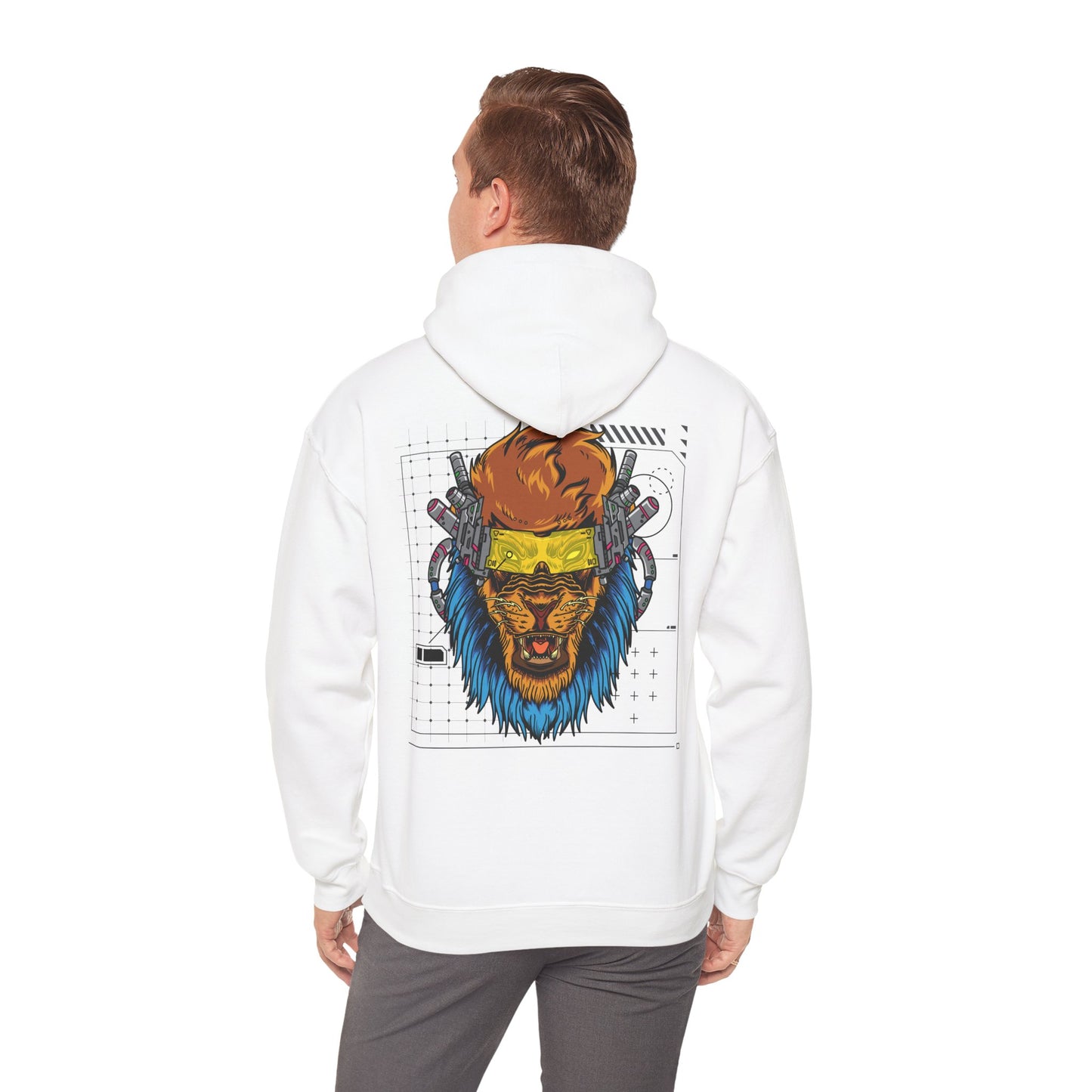 A luxury white hoodie worn by a model, showcasing the eye-catching cyberpunk lion graphic on the back, harmonising fashion with futuristic artistry in casual attire.