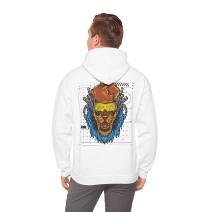 A luxury white hoodie worn by a model, showcasing the eye-catching cyberpunk lion graphic on the back, harmonising fashion with futuristic artistry in casual attire.