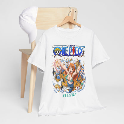 Elegant white Epic Men’s T-Shirt displayed on a wooden hanger alongside a stylish cap, showcasing a captivating anime character amidst gold coins and treasures.
