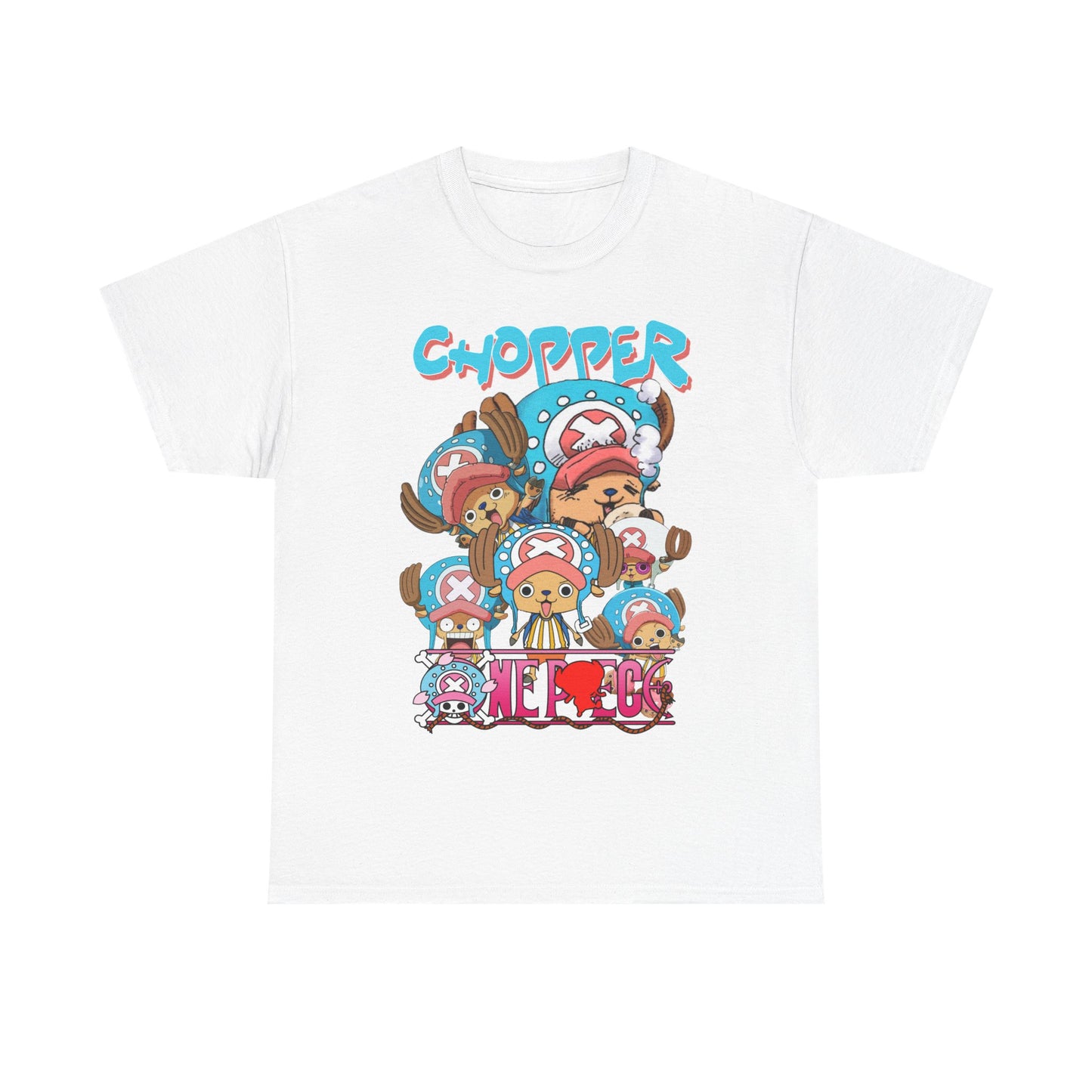 Elegant white graphic t-shirt displaying Chopper from anime, showcasing vibrant designs and unique typography suitable for chic anime lovers.
