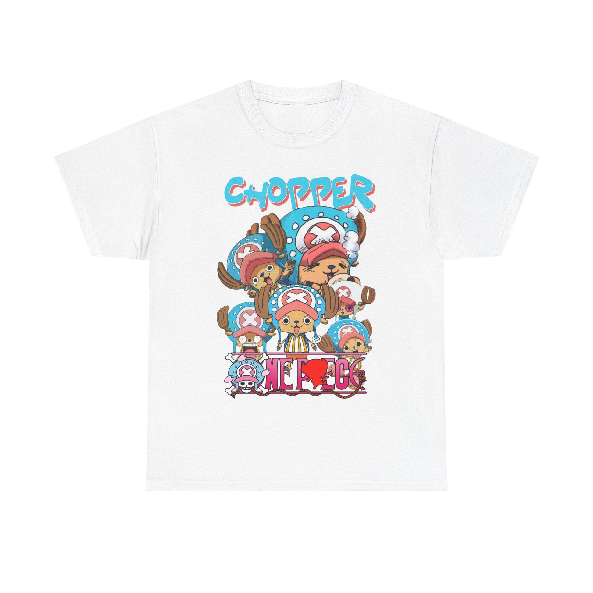 Elegant white graphic t-shirt displaying Chopper from anime, showcasing vibrant designs and unique typography suitable for chic anime lovers.