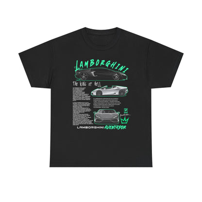 Luxury black men's t-shirt with Lamborghini Aventador design, highlighting its features and specifications, paired with artistic illustrations of the car, crafted in striking teal-green and black colours.