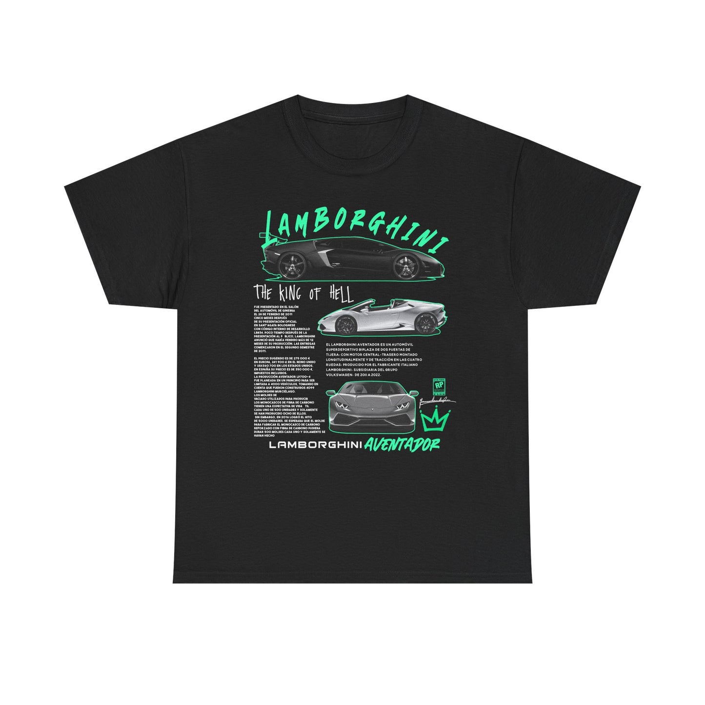 Luxury Lamborghini Aventador men's t-shirt featuring striking graphics and bold typography. The design includes artistic illustrations of the Aventador, complemented by insightful details about the car, embodying automotive excellence.