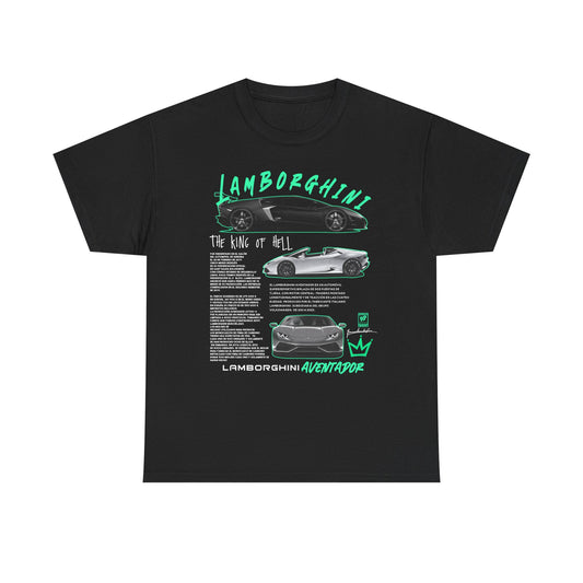 Luxury Lamborghini Aventador men's t-shirt featuring striking graphics and bold typography. The design includes artistic illustrations of the Aventador, complemented by insightful details about the car, embodying automotive excellence.