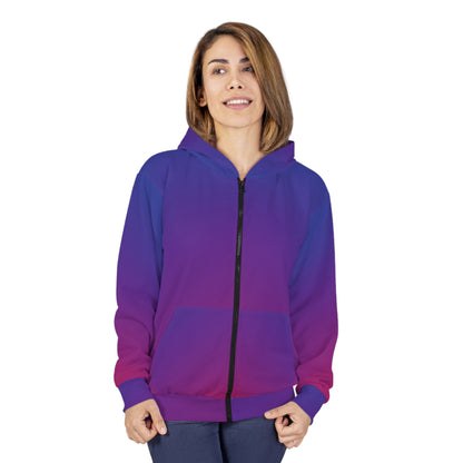 Stylish Unisex Zip Up Hoodie with a chic gradient design in purple and blue, perfect for elevating your winter wardrobe. Model showcases the contemporary designer hoodie, ideal for both casual outings and cosy lounging.
