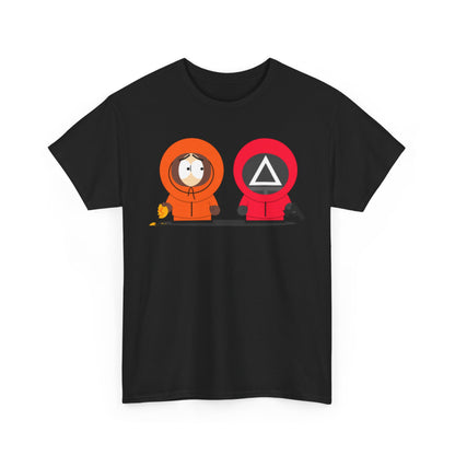 Squid Game South Park Unisex Men´s Women´s Graphic Cotton Funny T Shirt Tee presented for a casual yet chic outfit choice, displaying unique graphic blend of two iconic pop culture figures.